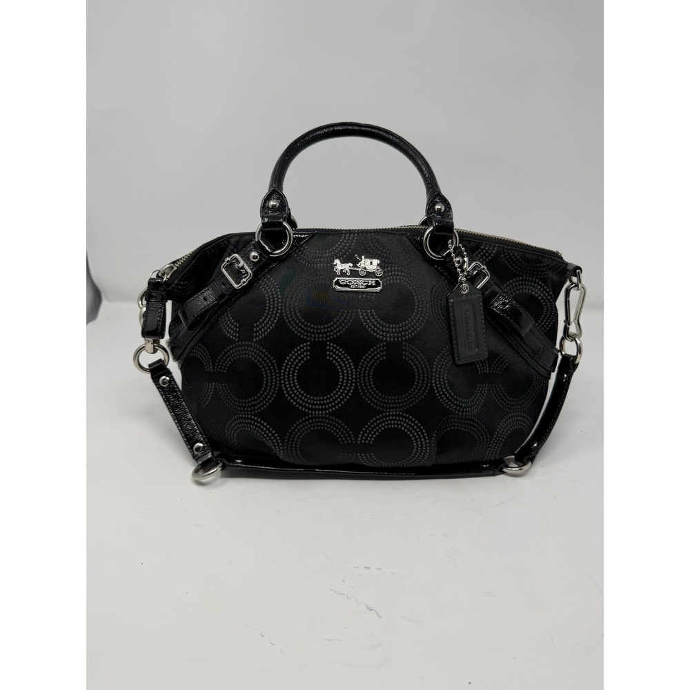 Coach Madison Dotted Op Art Sophia Satchel Bag Black Patent Trim Women Small